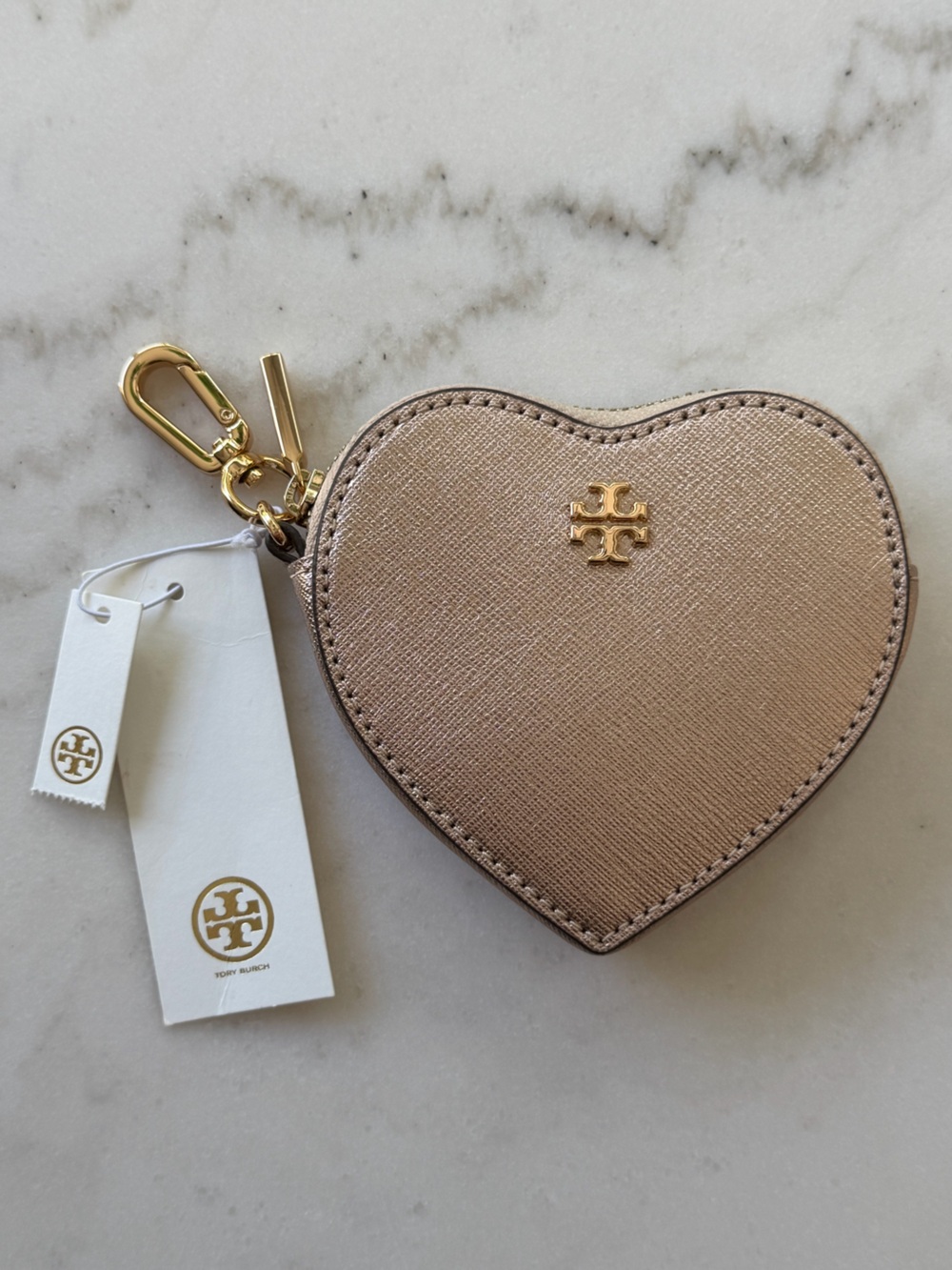 Tory Burch Metallic Rose Gold Heart Leather Coin Purse Keychain Charm NWT - Picture 1 of 11